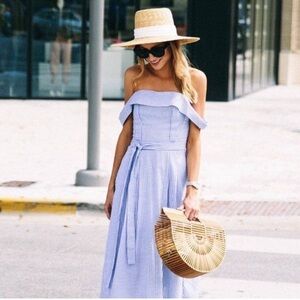 J.O.A. Striped poplin off-the-shoulder midi dress